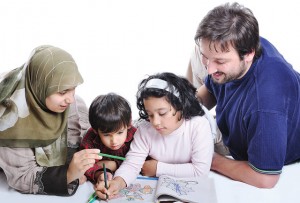 Happy family with several members in education process
